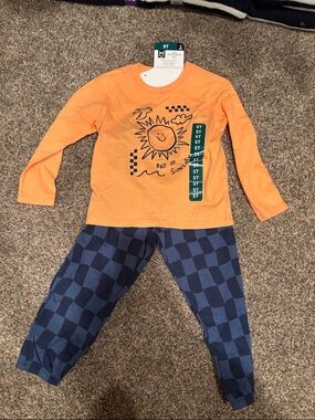 Orange Sun Graphic Pajama Set with Navy Check Pants - Kids